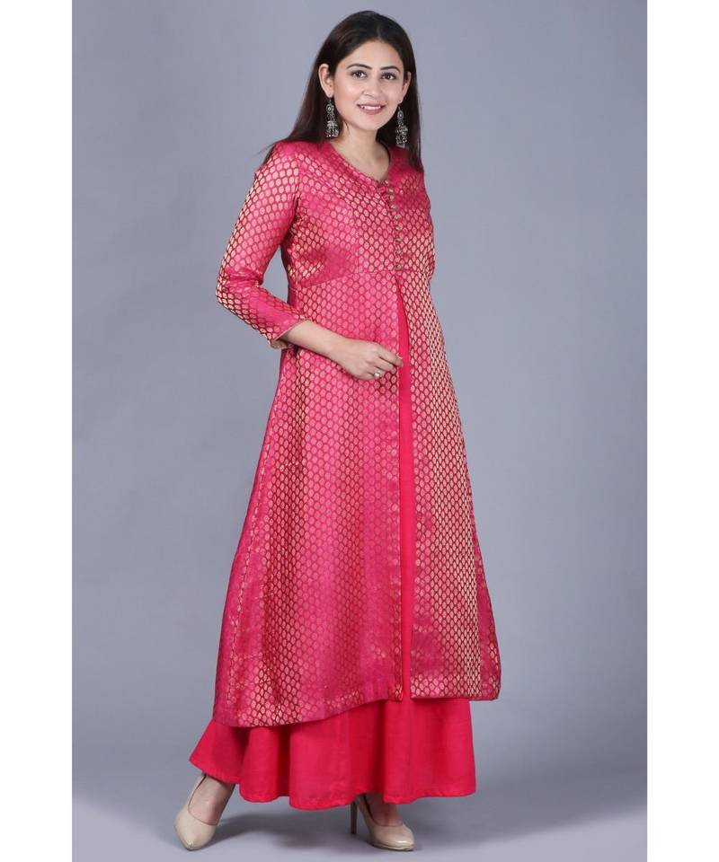 Pink Brocade Double Layered Jacket Style Kurti