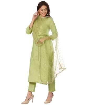 Pista Green Embroidered Kurti and Straight Pants with Pista Green Net Dupatta 1