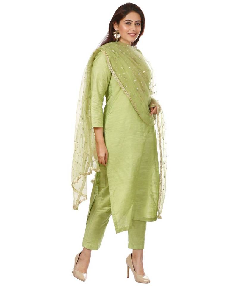 Pista Green Embroidered Kurti and Straight Pants with Pista Green Net Dupatta