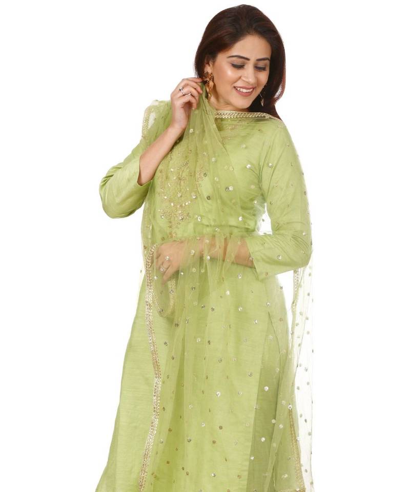 Pista Green Embroidered Kurti and Straight Pants with Pista Green Net Dupatta