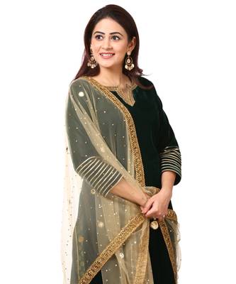 Forest Green Velvet Kurti with Straight Green Banarsi Palazzo and Gold Mirror Dupatta 5