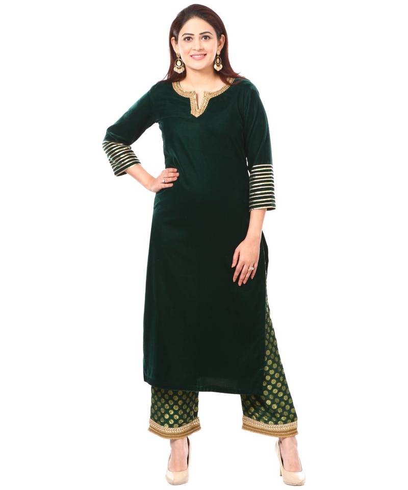 Forest Green Velvet Kurti with Straight Banarsi Palazzo