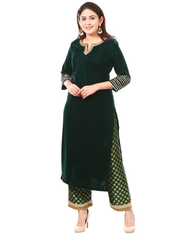 Forest Green Velvet Kurti with Straight Banarsi Palazzo