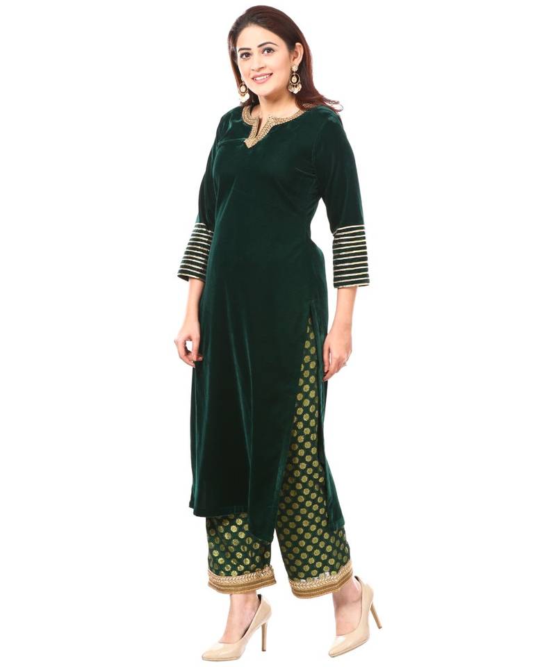 Forest Green Velvet Kurti with Straight Banarsi Palazzo