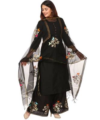 Black Silk Jacket Style Kurti with Embroidered Birds Gotta Palazzo and Birds Dupatta 1