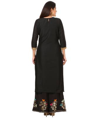 Black Silk Jacket Style Kurti with Embroidered Birds Gotta Palazzo and Birds Dupatta 2