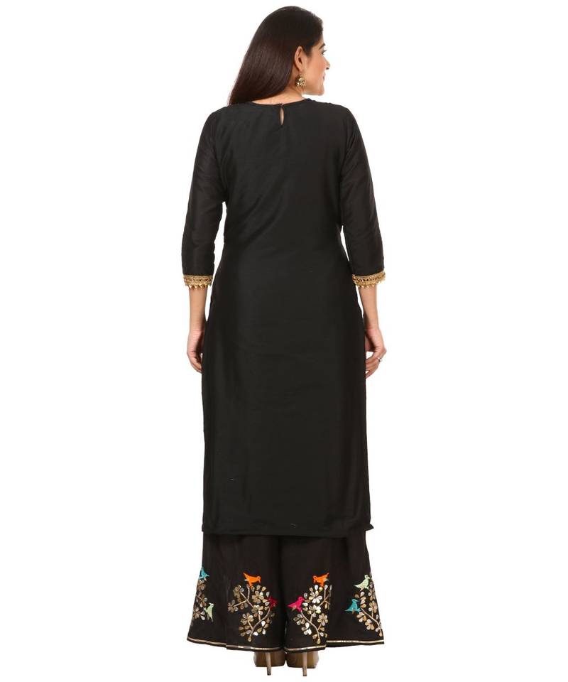 Black Silk Jacket Style Kurti with Embroidered Birds Gotta Palazzo and Birds Dupatta