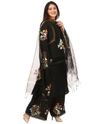 Black Silk Jacket Style Kurti with Embroidered Birds Gotta Palazzo and Birds Dupatta 3