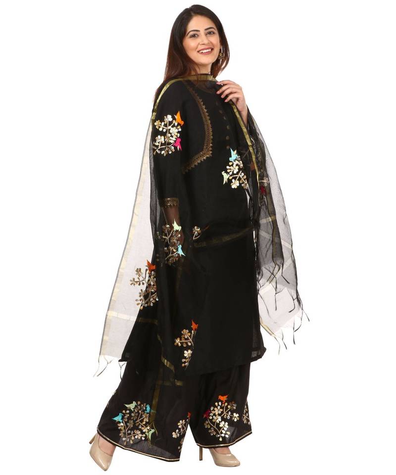 Black Silk Jacket Style Kurti with Embroidered Birds Gotta Palazzo and Birds Dupatta