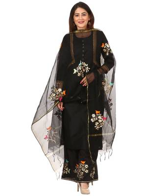 Black Silk Jacket Style Kurti with Embroidered Birds Gotta Palazzo and Birds Dupatta 5