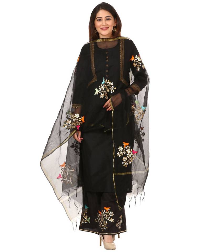 Black Silk Jacket Style Kurti with Embroidered Birds Gotta Palazzo and Birds Dupatta