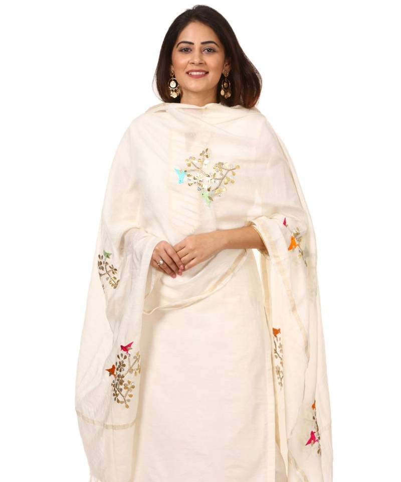 OffWhite Shine Kurti with Embroidered Birds Gotta Palazzo and Embroidered Dupatta