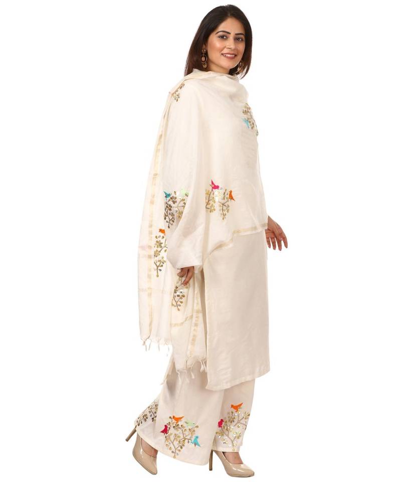 OffWhite Shine Kurti with Embroidered Birds Gotta Palazzo and Embroidered Dupatta
