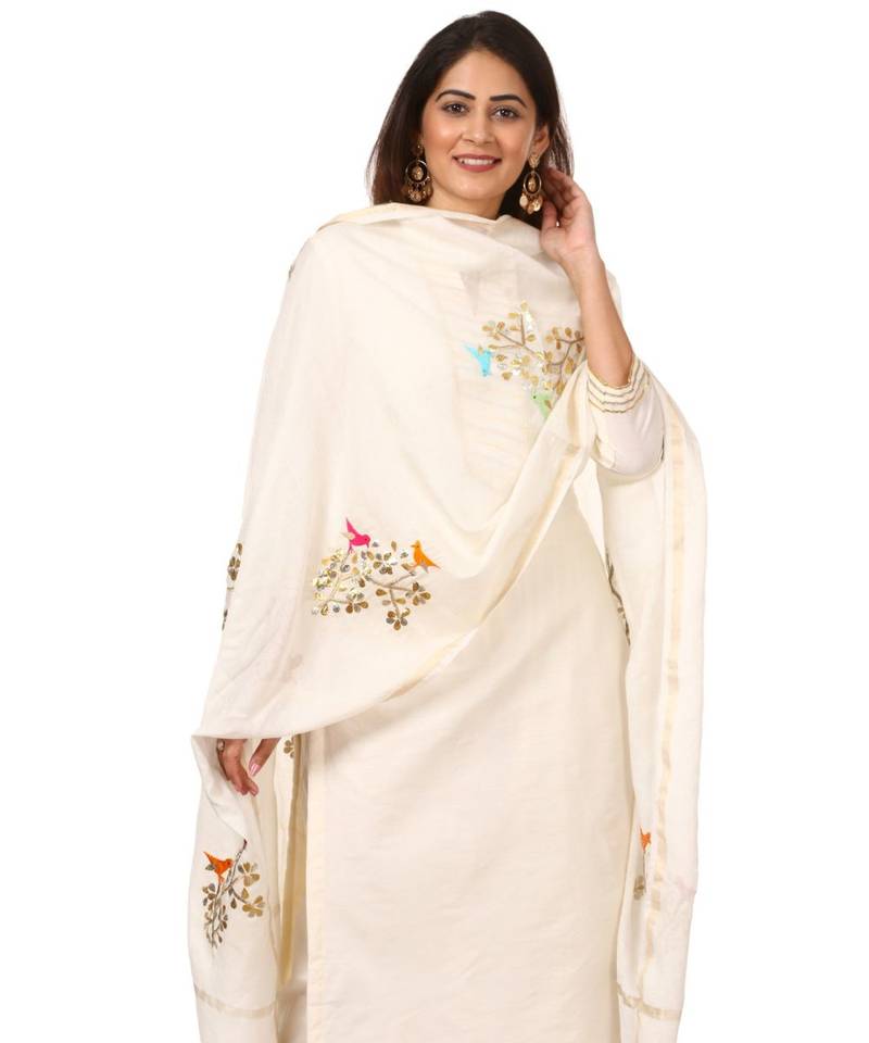 OffWhite Shine Kurti with Embroidered Birds Gotta Palazzo and Embroidered Dupatta