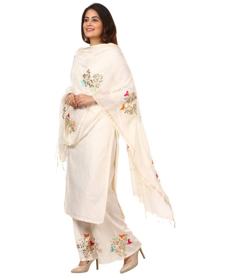 OffWhite Shine Kurti with Embroidered Birds Gotta Palazzo and Embroidered Dupatta