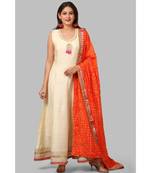 Off-White Silk Gotta Floor Length Kurti with Orange Bandhej Dupatta