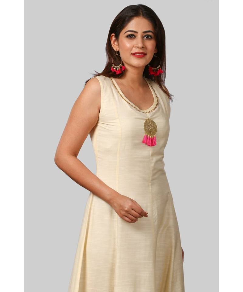 Off-White Silk Gotta Floor Length Kurti with Orange Bandhej Dupatta