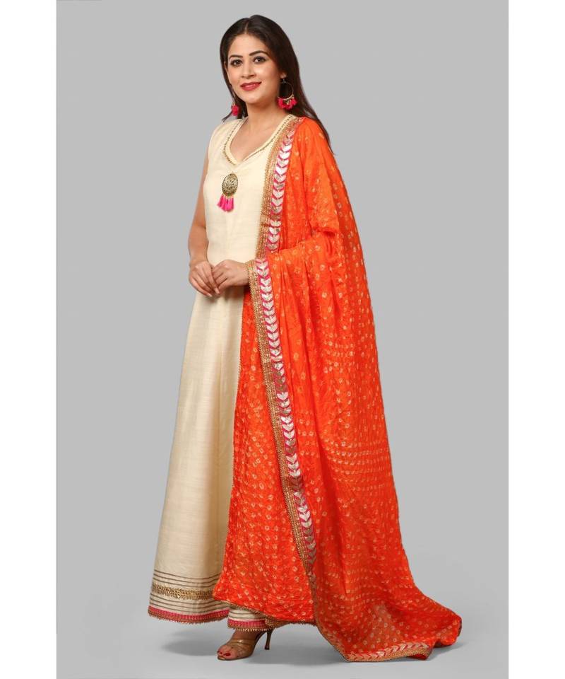 Off-White Silk Gotta Floor Length Kurti with Orange Bandhej Dupatta