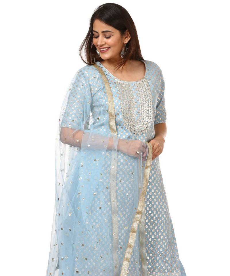 Blush Blue Silver Dot Short Kurti with Crushed Sharara and Dupatta