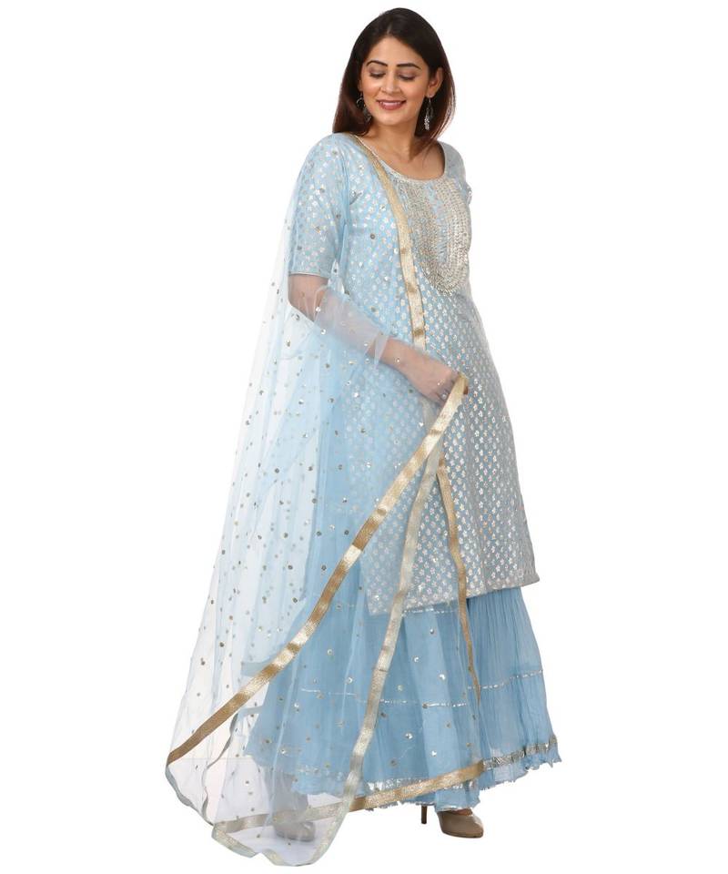 Blush Blue Silver Dot Short Kurti with Crushed Sharara and Dupatta