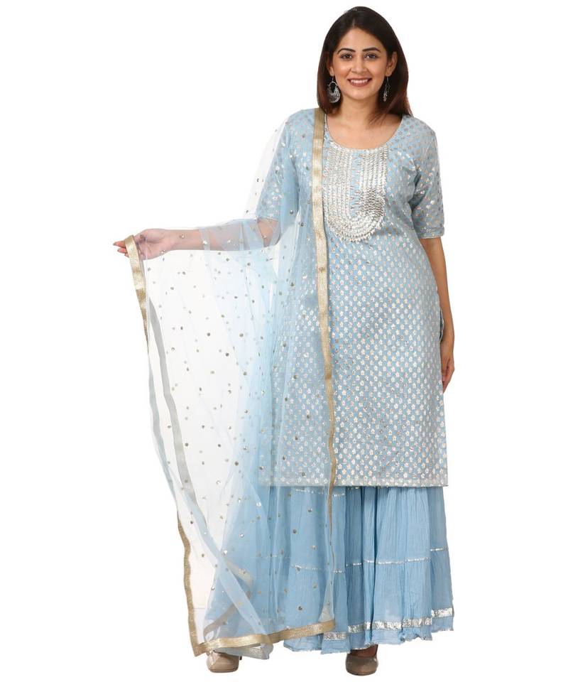 Blush Blue Silver Dot Short Kurti with Crushed Sharara and Dupatta