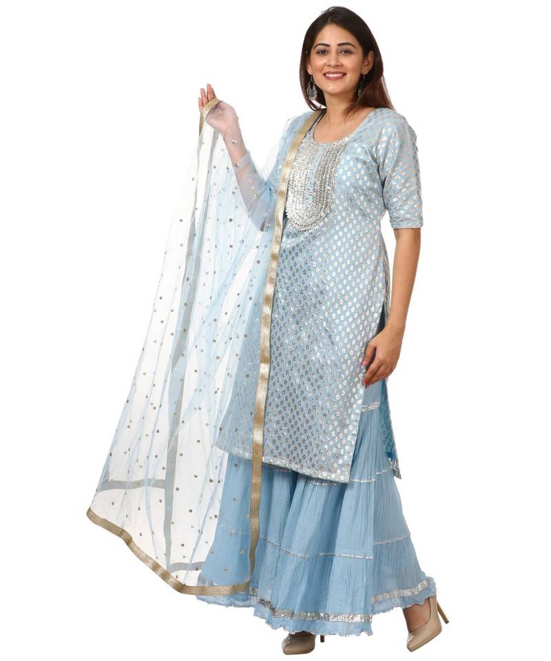 Blush Blue Silver Dot Short Kurti with Crushed Sharara and Dupatta