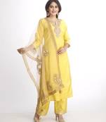 Lime Green Gotta Work Straight Kurti with Straight Palazzos and Net Mirror Paisley Embroidered Dupatta