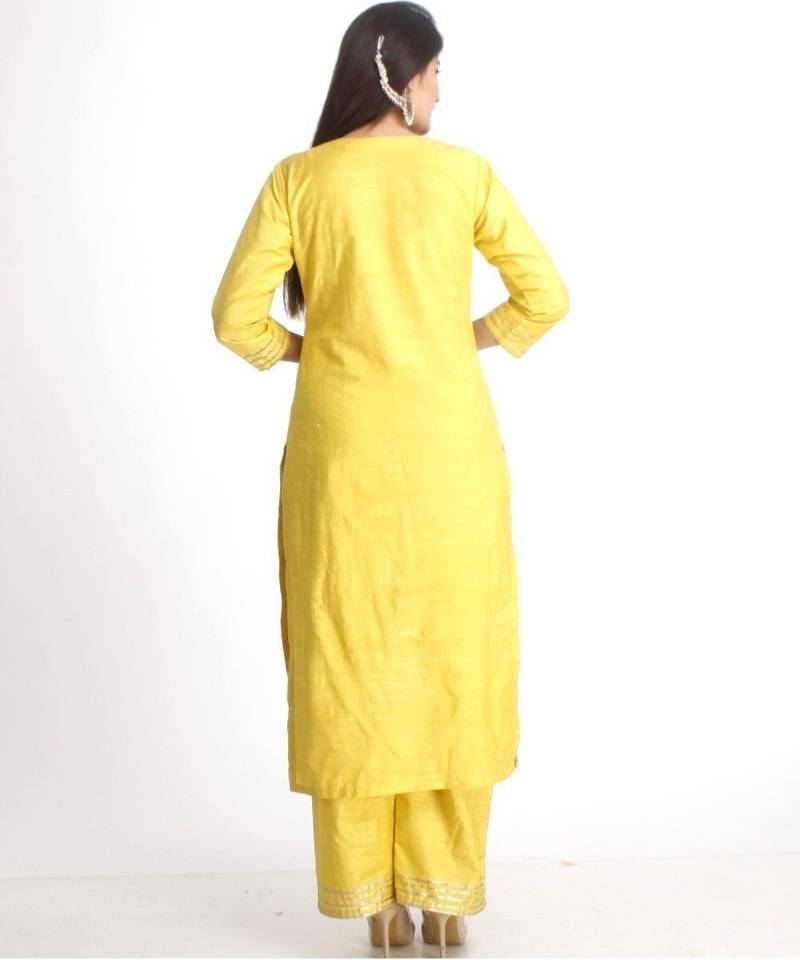 Lime Green Gotta Work Straight Kurti with Straight Palazzos and Net Mirror Paisley Embroidered Dupatta