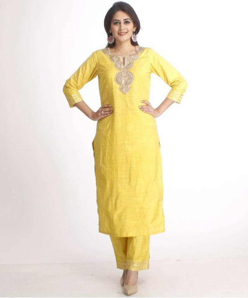 Lime Green Gotta Work Straight Kurti with Straight Palazzos and Net Mirror Paisley Embroidered Dupatta