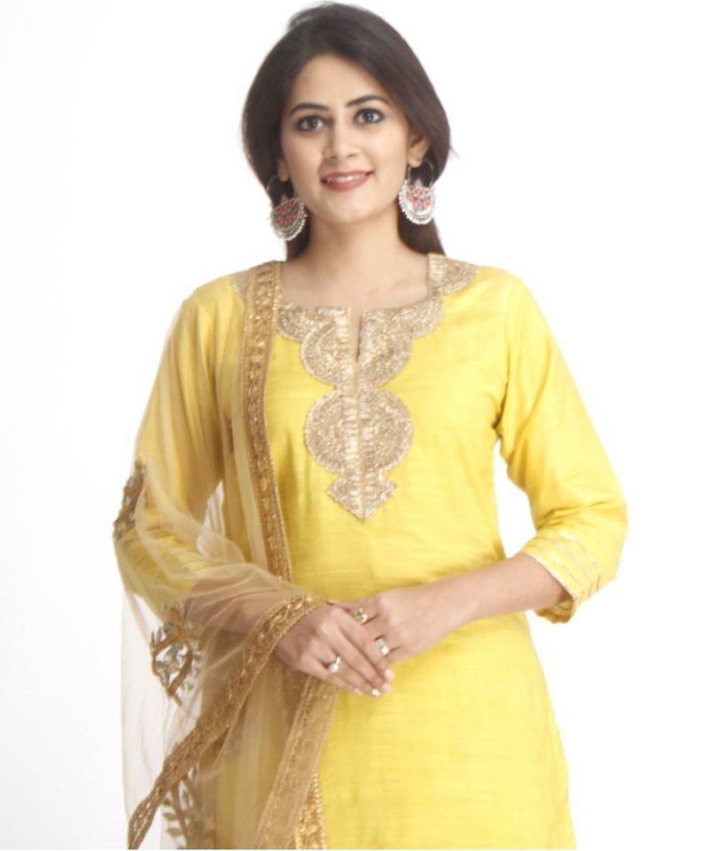 Lime Green Gotta Work Straight Kurti with Straight Palazzos and Net Mirror Paisley Embroidered Dupatta