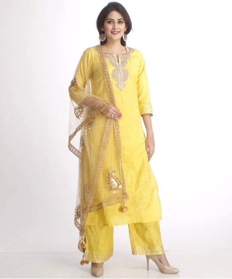 Lime Green Gotta Work Straight Kurti with Straight Palazzos and Net Mirror Paisley Embroidered Dupatta