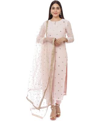 Blush Pink Sequined Georgette Kurti with Straight Pants and Sequined Pearl Net Dupatta 1