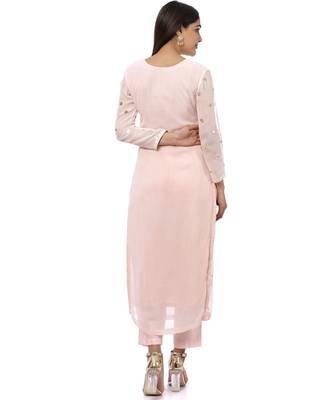 Blush Pink Sequined Georgette Kurti with Straight Pants and Sequined Pearl Net Dupatta 2