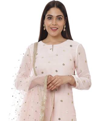 Blush Pink Sequined Georgette Kurti with Straight Pants and Sequined Pearl Net Dupatta 4