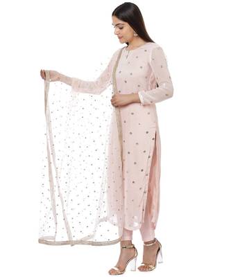 Blush Pink Sequined Georgette Kurti with Straight Pants and Sequined Pearl Net Dupatta 5