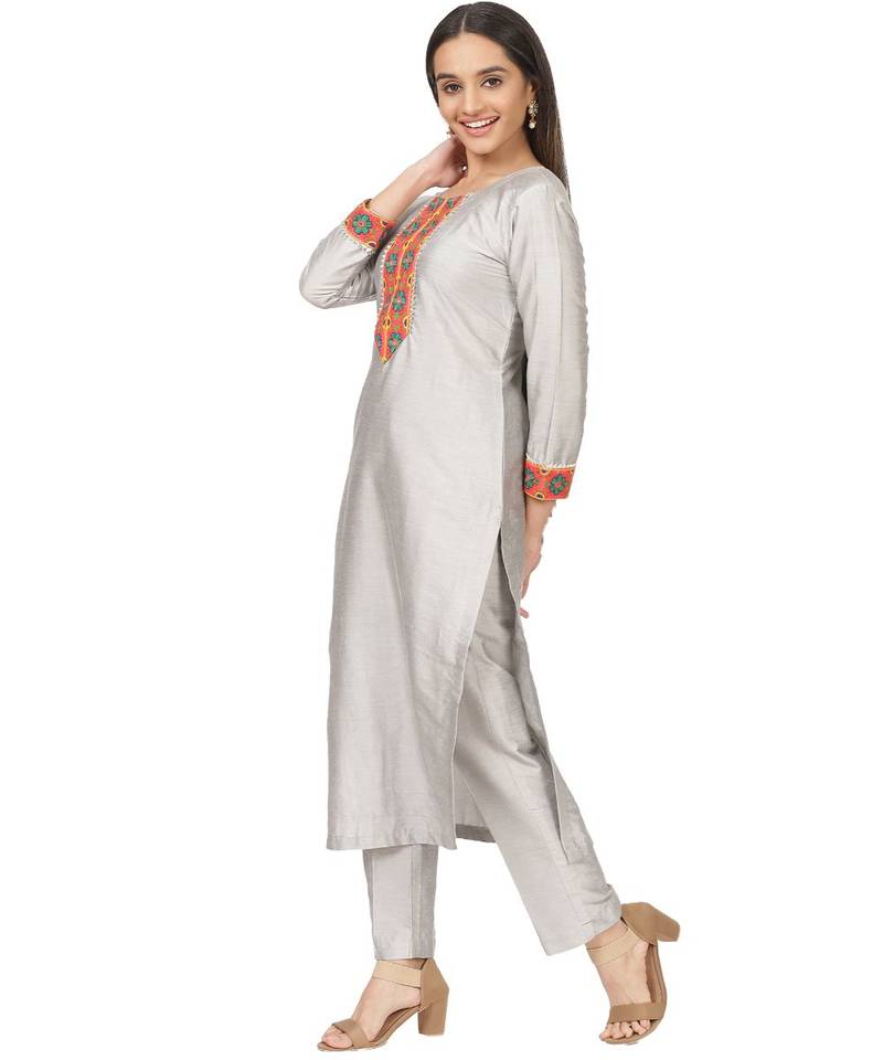 Gray Multi Colored  Straight Kurti with Straight Pants