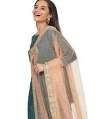 Teal Green Peacock Embroidered Straight Kurti with Straight Pants and Peach Stone Dupatta