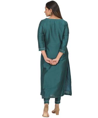 Teal Green Peacock Embroidered Straight Kurti with Straight Pants and Peach Stone Dupatta 2