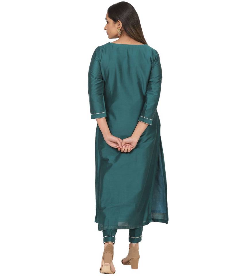 Teal Green Peacock Embroidered Straight Kurti with Straight Pants and Peach Stone Dupatta