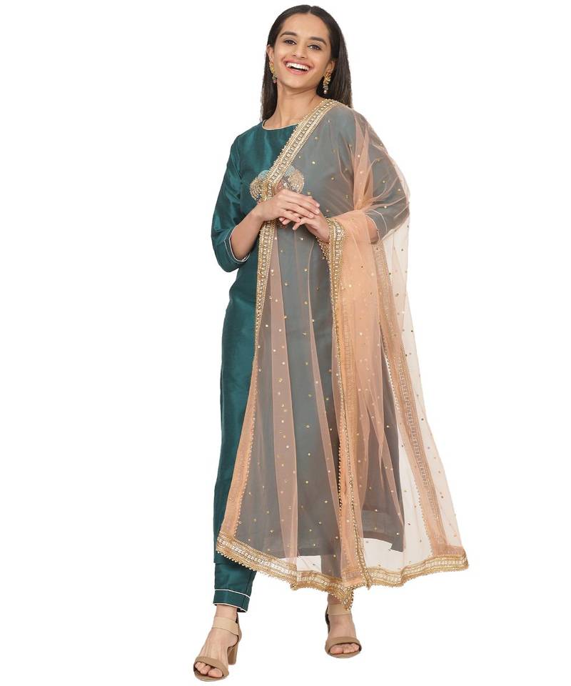 Teal Green Peacock Embroidered Straight Kurti with Straight Pants and Peach Stone Dupatta