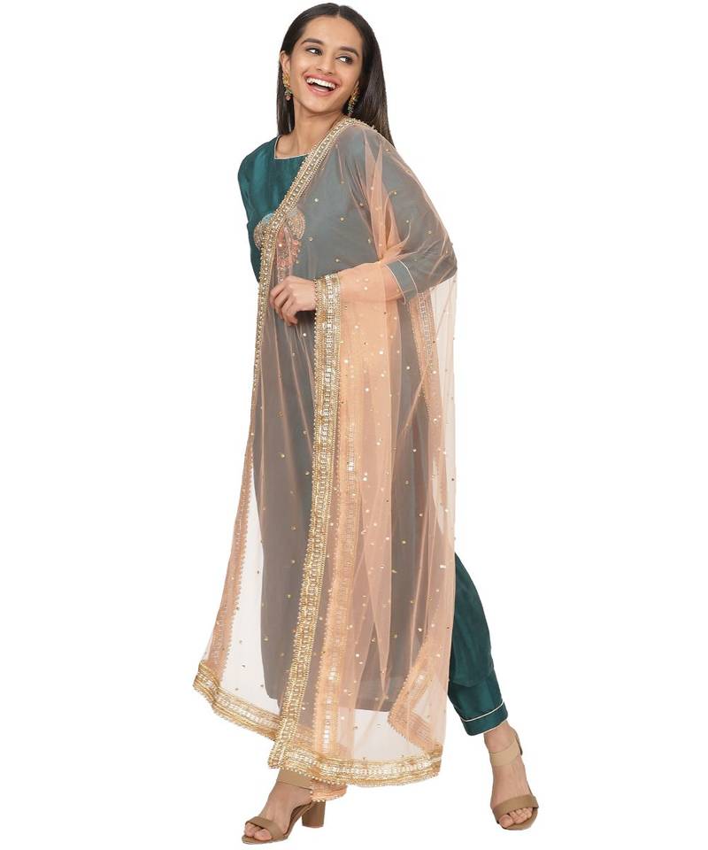 Teal Green Peacock Embroidered Straight Kurti with Straight Pants and Peach Stone Dupatta