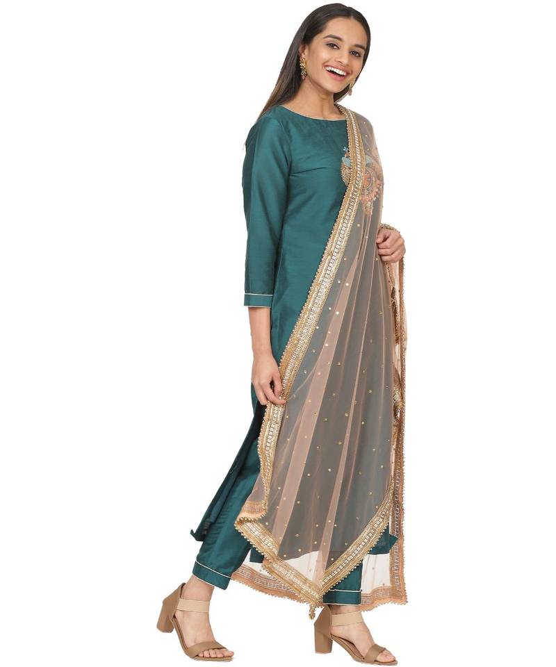 Teal Green Peacock Embroidered Straight Kurti with Straight Pants and Peach Stone Dupatta