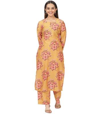 Mustard Floral Printed Straight Kurti with Straight Palazzo 1