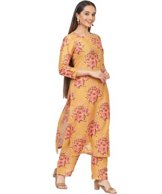 Mustard Floral Printed Straight Kurti with Straight Palazzo 2