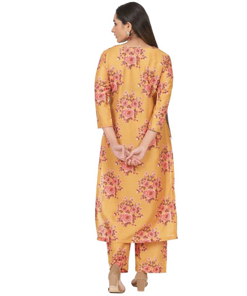 Mustard Floral Printed Straight Kurti with Straight Palazzo