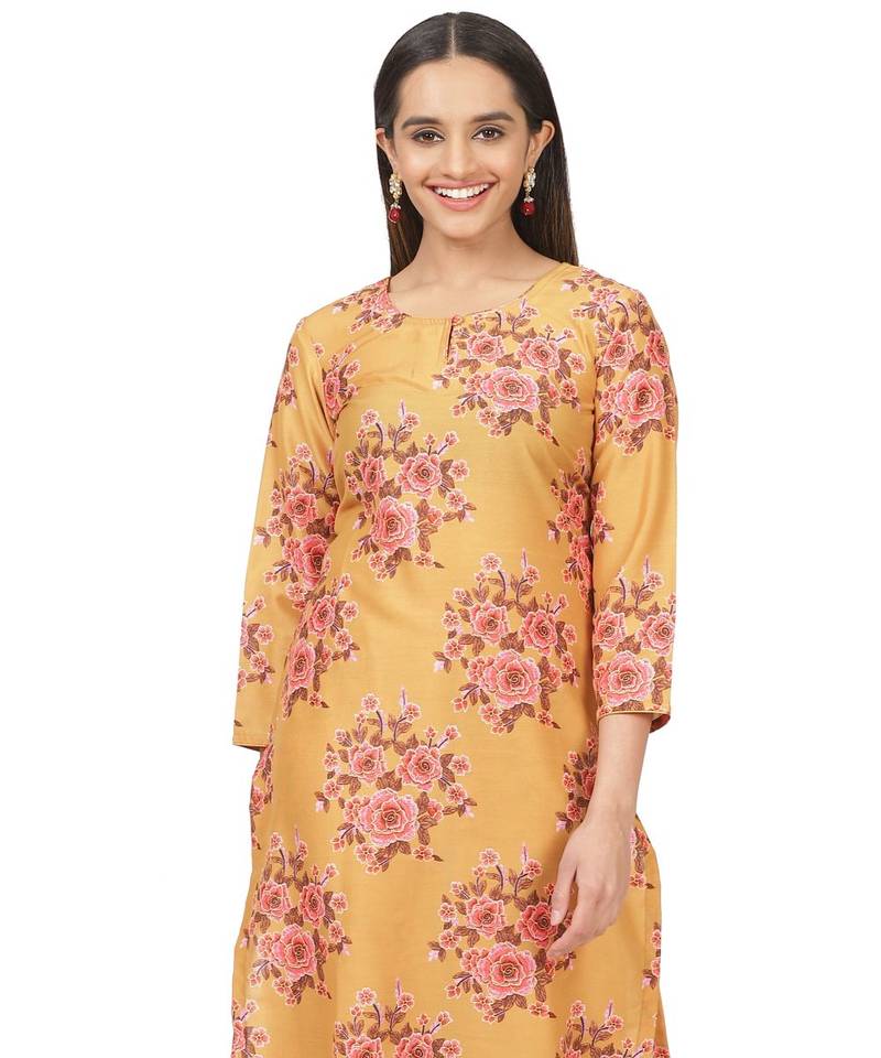 Mustard Floral Printed Straight Kurti with Straight Palazzo