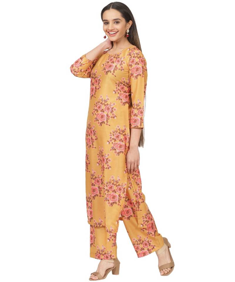 Mustard Floral Printed Straight Kurti with Straight Palazzo