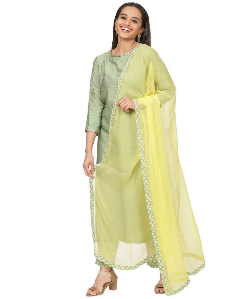 Pastel Green Kurti with Printed Kurti and Lemon Dupatta
