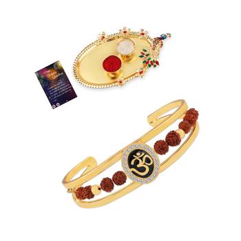 Gold Plated "OM" Kada Rakhi For Bhaiya With Kankawati Pooja Thali  Roli Chawal And Greeting Card 1
