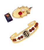 Gold Plated "OM" Kada Rakhi For Bhaiya With Kankawati Pooja Thali  Roli Chawal And Greeting Card